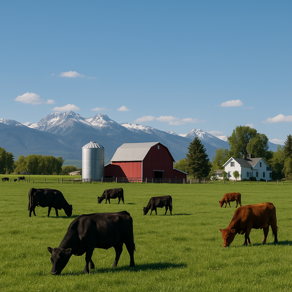 A small family farm in rural Idaho with cows grazing in a green pasture