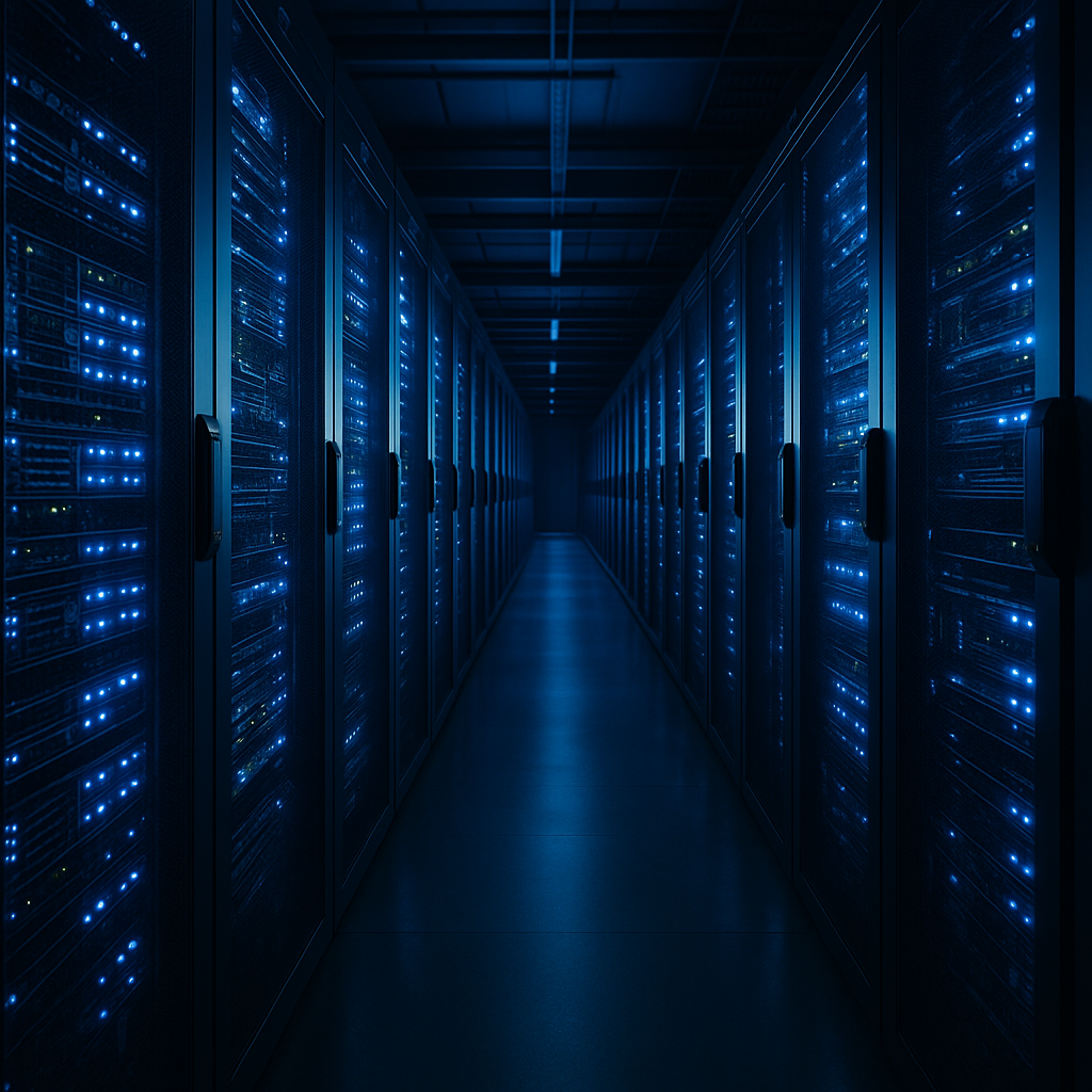 A close-up of rows of servers in a data center, illuminated by cool blue lighting