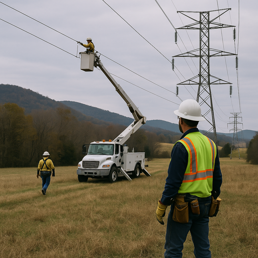 A utility crew working on high-voltage power lines in a rural Tennessee landscape