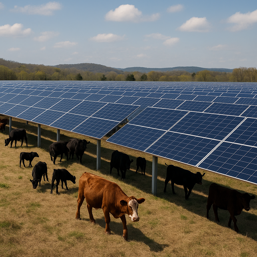 Large-scale solar panels in a field, with cattle grazing underneath as part of a dual-use solar farm