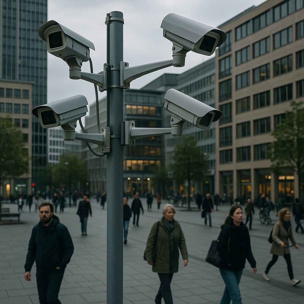 A security camera overlooking a public square in a smart city