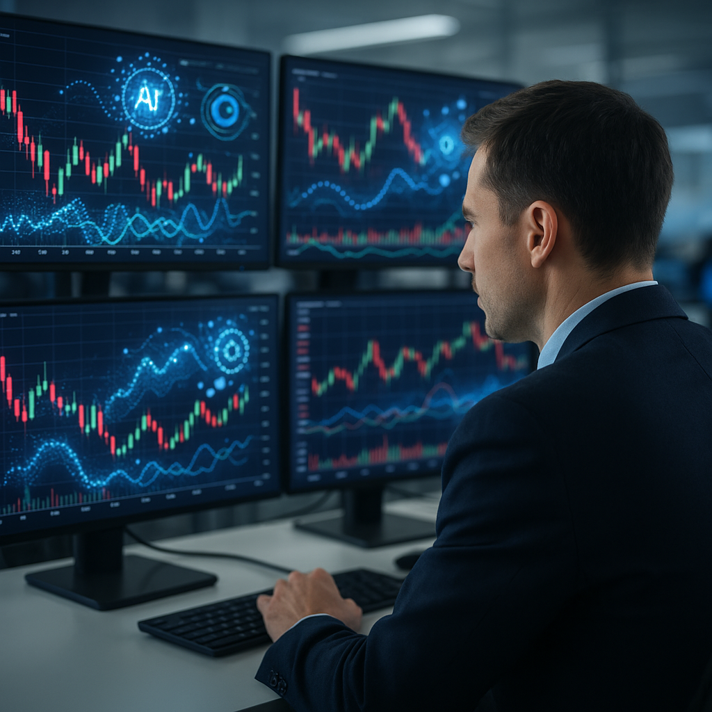 A trader analyzing stock charts on multiple monitors