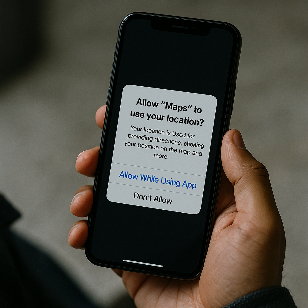 A person holding a smartphone displaying a data-sharing prompt