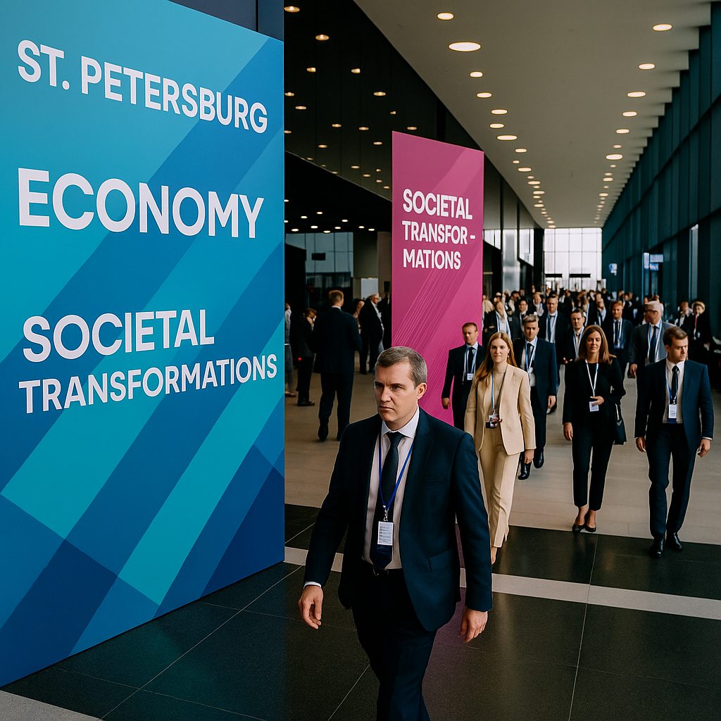A view of the St. Petersburg International Economic Forum venue with banners promoting economic discussions