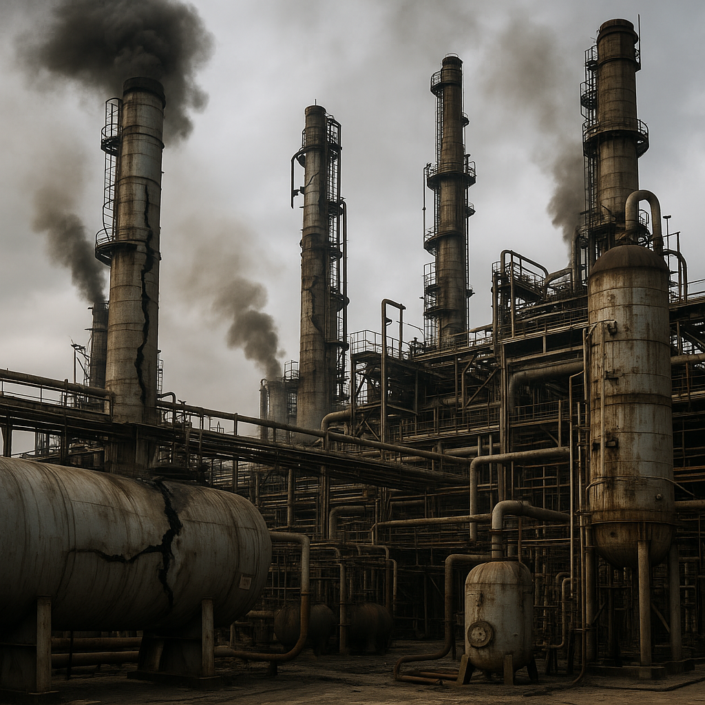 An oil refinery with visible damage and fumes rising against the backdrop of tension-filled skies