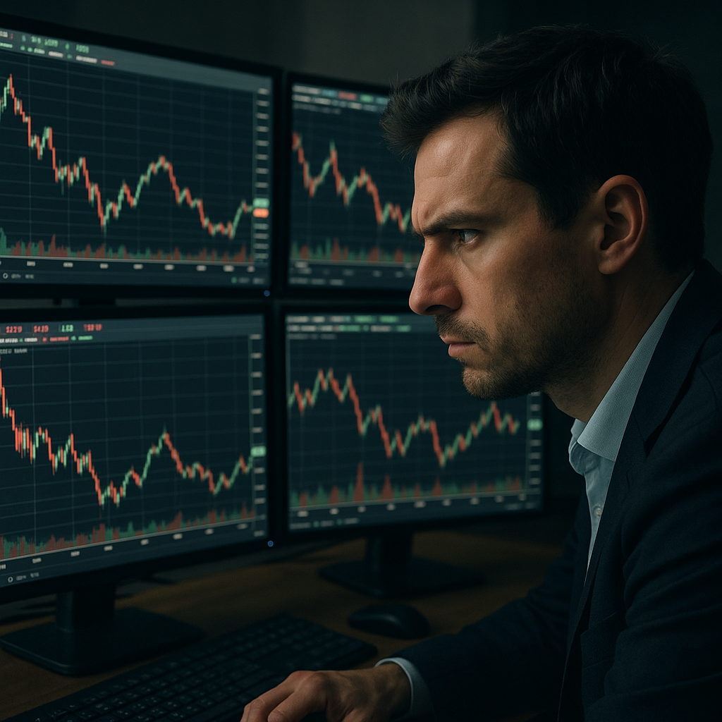 A trader analyzing stock charts on multiple monitors in an office setting