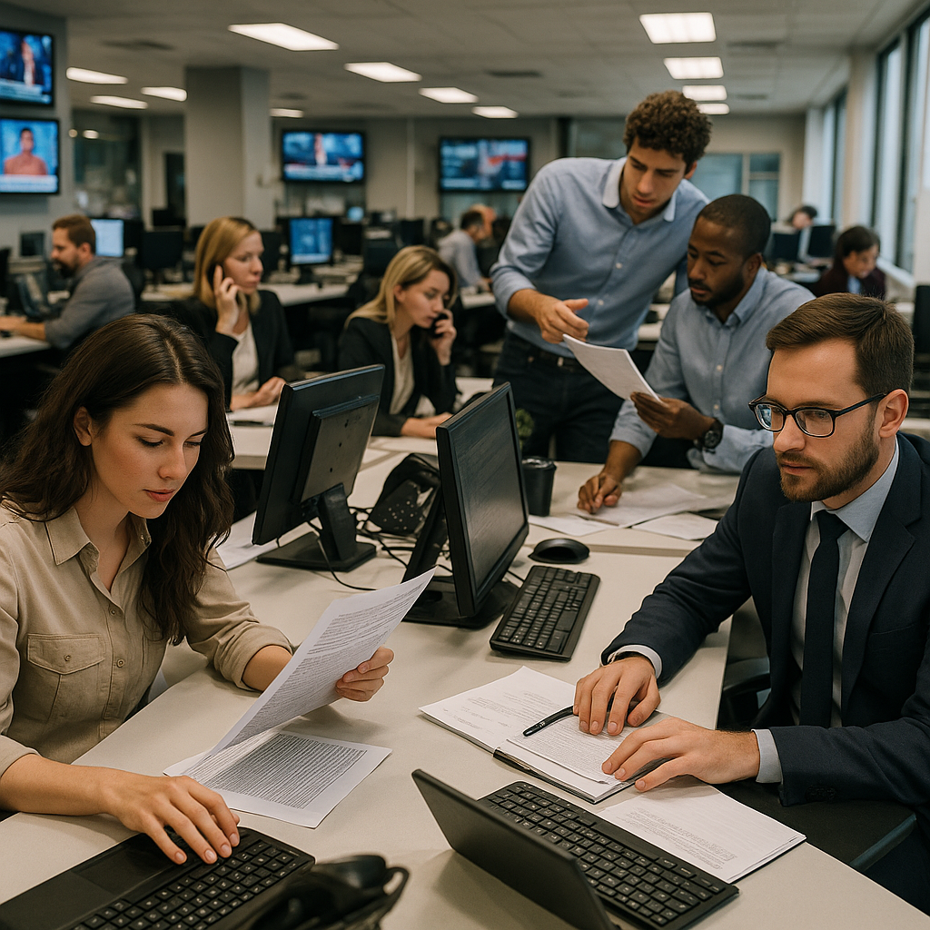 A newsroom environment with journalists working at their desks