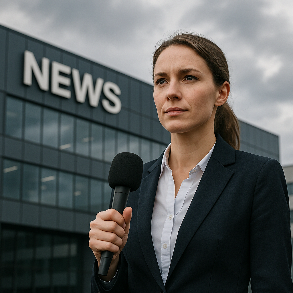 A symbolic image of a reporter holding a microphone standing outside a newsroom office