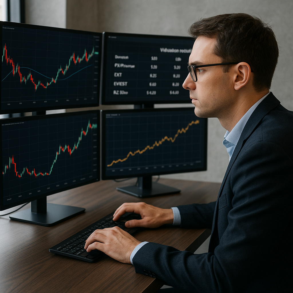 A tech analyst studying stock graphs and IPO predictions on a computer