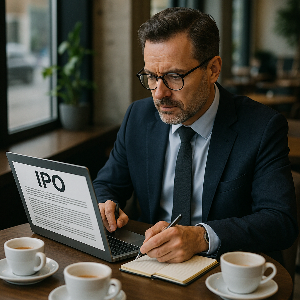 An investor reading IPO documents at a coffee shop