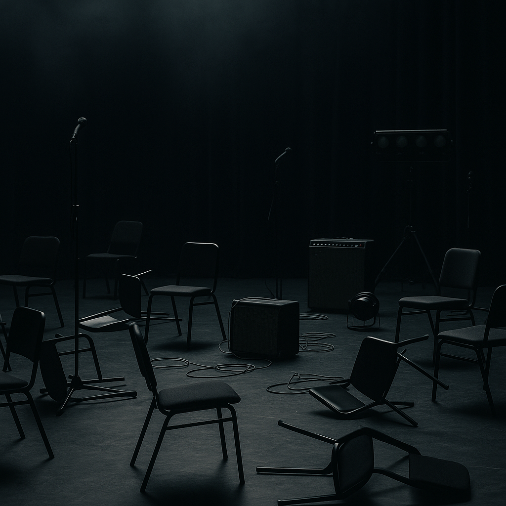 Empty concert stage with a few scattered chairs, symbolizing a failed event