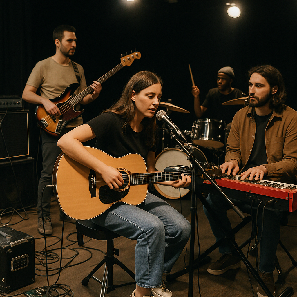 Musicians in rehearsal, capturing the atmosphere of pre-event preparation