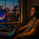 Gamer at a high-end setup in a rented city apartment weighing the rent trap versus buying a home