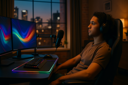 Gamer at a high-end setup in a rented city apartment weighing the rent trap versus buying a home
