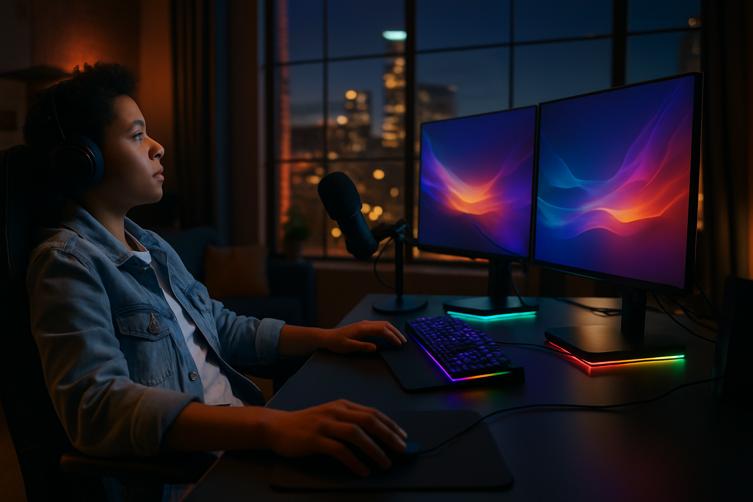 Gamer contemplating the rent trap at a high-end setup in a rented city apartment